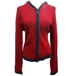 Q&A Red Full-Zip Sweater with Navy Trim – Size L – EUC